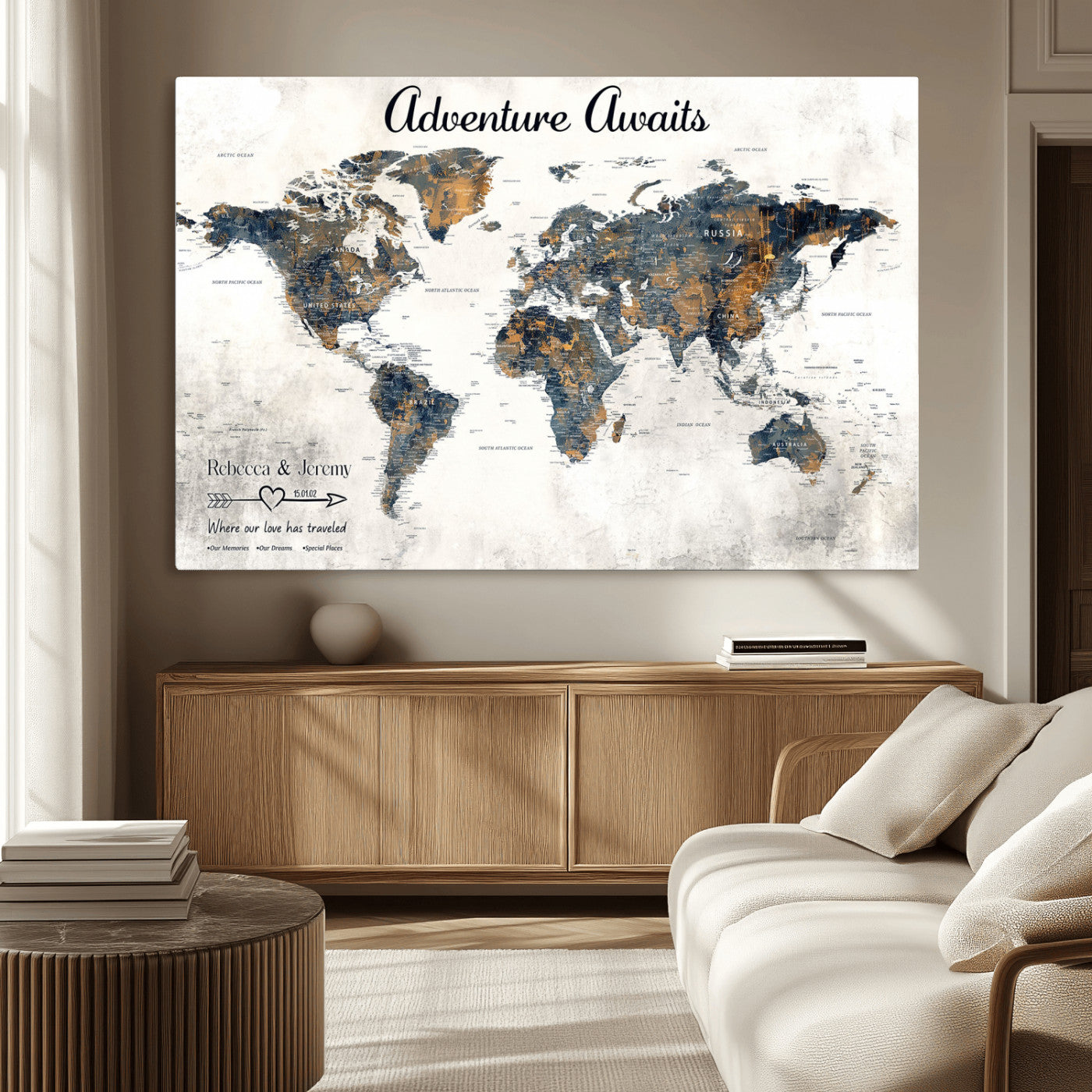11751559-MGV-CV-36X24-Personalized World Map Wall Art – Elegant Adventure Travel Tracker Map for Couples & Families, Push Pin Canvas Poster Decor for Home, Office