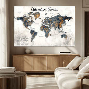 11751559-MGV-CV-36X24-Personalized World Map Wall Art – Elegant Adventure Travel Tracker Map for Couples & Families, Push Pin Canvas Poster Decor for Home, Office