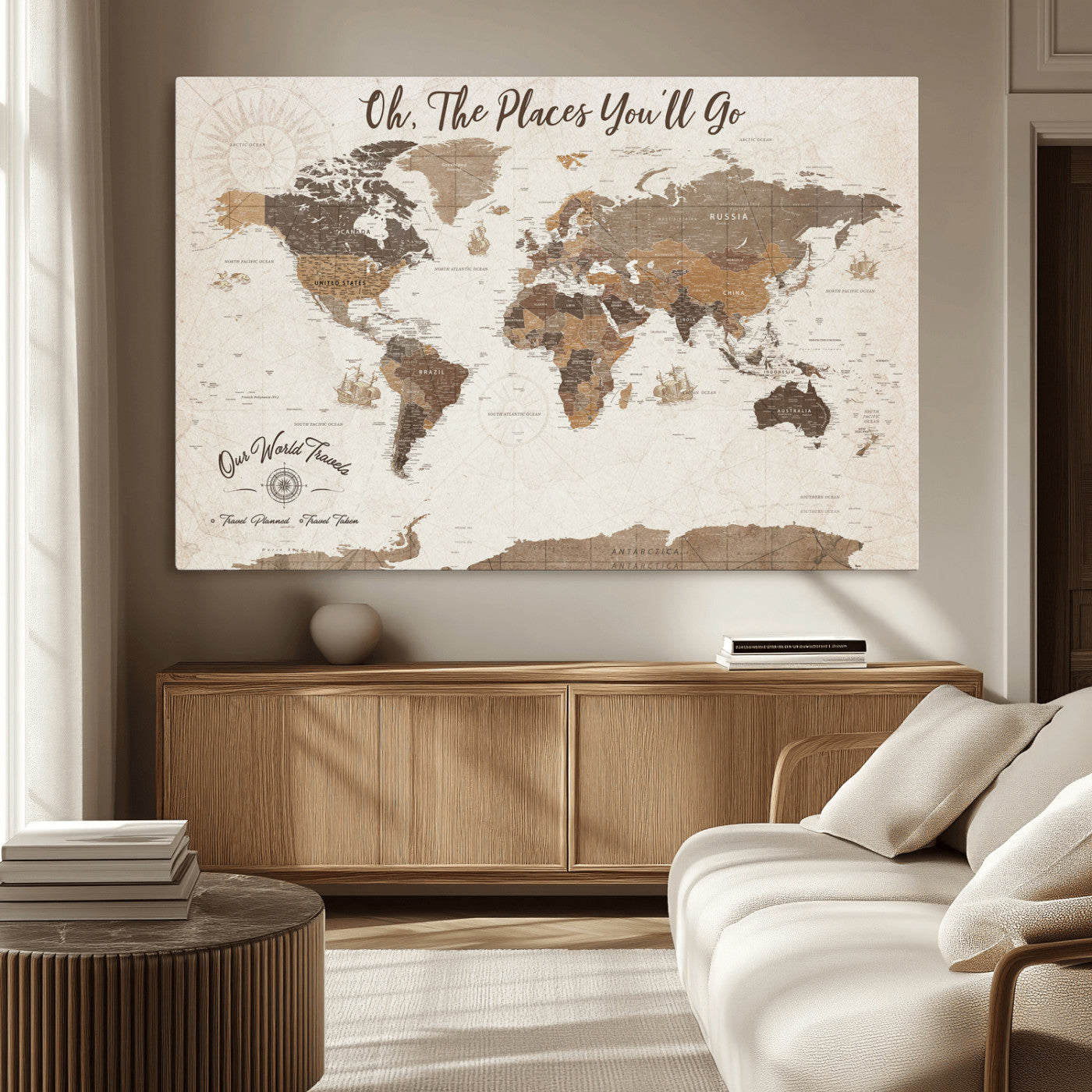 14140137-MGV-CV-36X24-Personalized World Map Wall Art – Vintage Nautical Adventure Map with Ships and Compass, Rustic Sepia Tones for Travel Lovers and