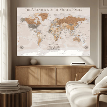 34289723-MGV-CV-36X24-Personalized World Map Wall Art – Elegant Beige and Brown Adventure Map Canvas Print for Family Home, Living Room, Study or Office