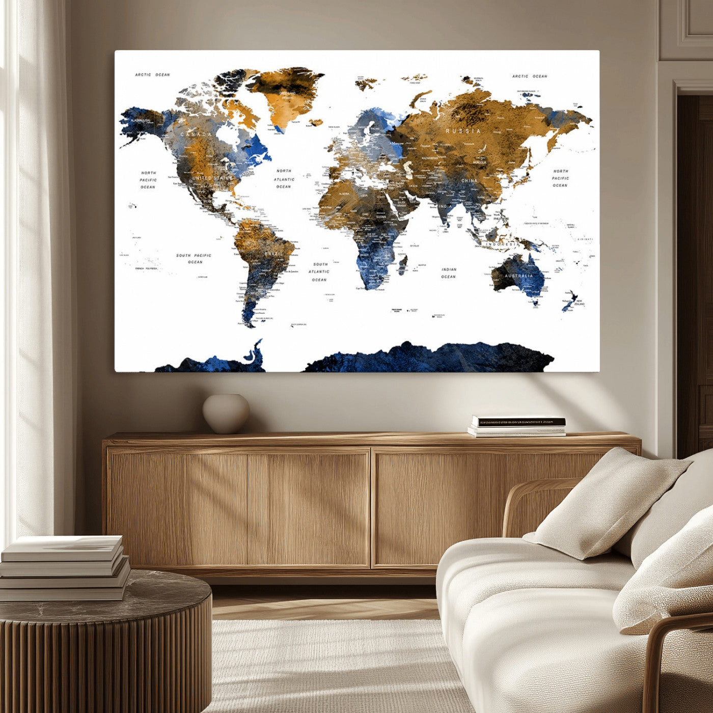 MGV-CV-36X24 - World Map Wall Art Canvas Print, Framed Blue Gold Map Art Picture Print, Rustic Atlas Perfect Rustic Modern Decor Artwork