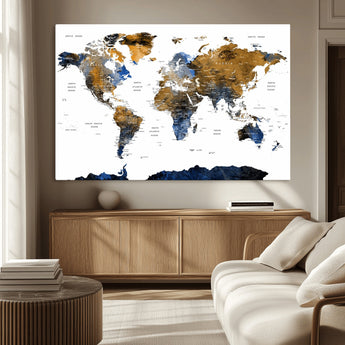 MGV-CV-36X24 - World Map Wall Art Canvas Print, Framed Blue Gold Map Art Picture Print, Rustic Atlas Perfect Rustic Modern Decor Artwork