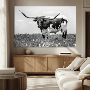 83785-MGV-CV-36X24-Texas Longhorn Wall Art Canvas Print, Framed Horned Bull Art Picture Print, Monochrome Cattle Perfect Rustic Western Decor Artwork