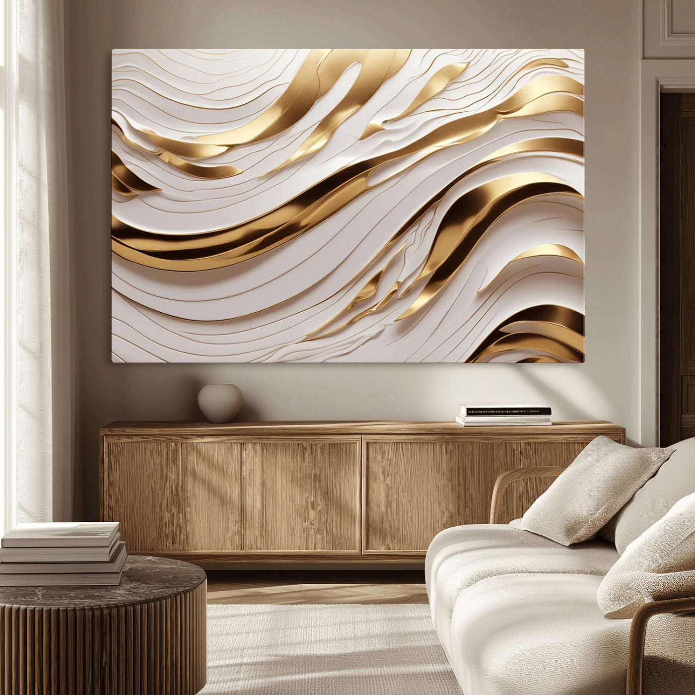 41237-MGV-CV-36X24-Gold Waves Wall Art Canvas Print, Framed Elegant Flow Art Picture Print, Luxury Layers Perfect Minimal Luxe Decor Artwork