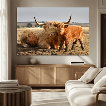 88780-MGV-CV-36X24-Highland Cow Wall Art Canvas Print, Framed Cow Calf Art Picture Print, Scottish Cattle Perfect Rustic Farmhouse Decor Artwork