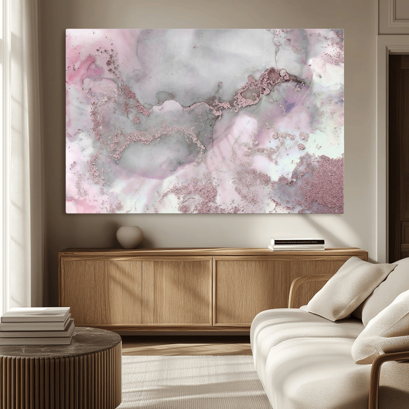 16416-MGV-CV-36X24-Blush Marble Wall Art Canvas Print, Framed Rose Gold Art Picture Print, Pink Cloudy Perfect Modern Glam Decor Artwork