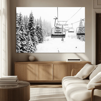 49274-MGV-CV-36X24-Snowy Forest Wall Art Canvas Print, Framed Ski Lift Art Picture Print, Mountain Snow Perfect Minimal Winter Lodge Decor Artwork