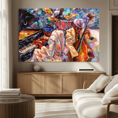 13675-MGV-CV-36X24-Jazz Band Wall Art Canvas Print, Framed Jazz Oil Painting Art Picture Print, Vibrant Music Perfect Abstract Musical Decor Artwork