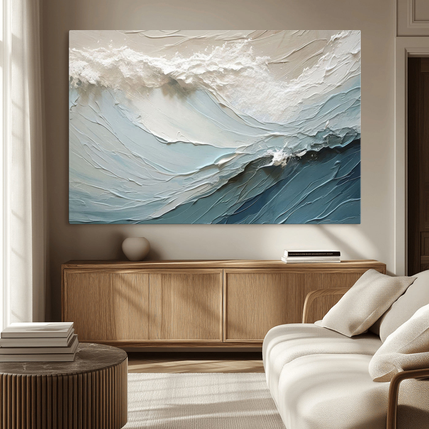 53646-MGV-CV-36X24-Ocean Wave Wall Art Canvas Print, Framed Textured Seascape Art Picture Print, Modern Ocean Perfect Minimal Coastal 2/2 Decor