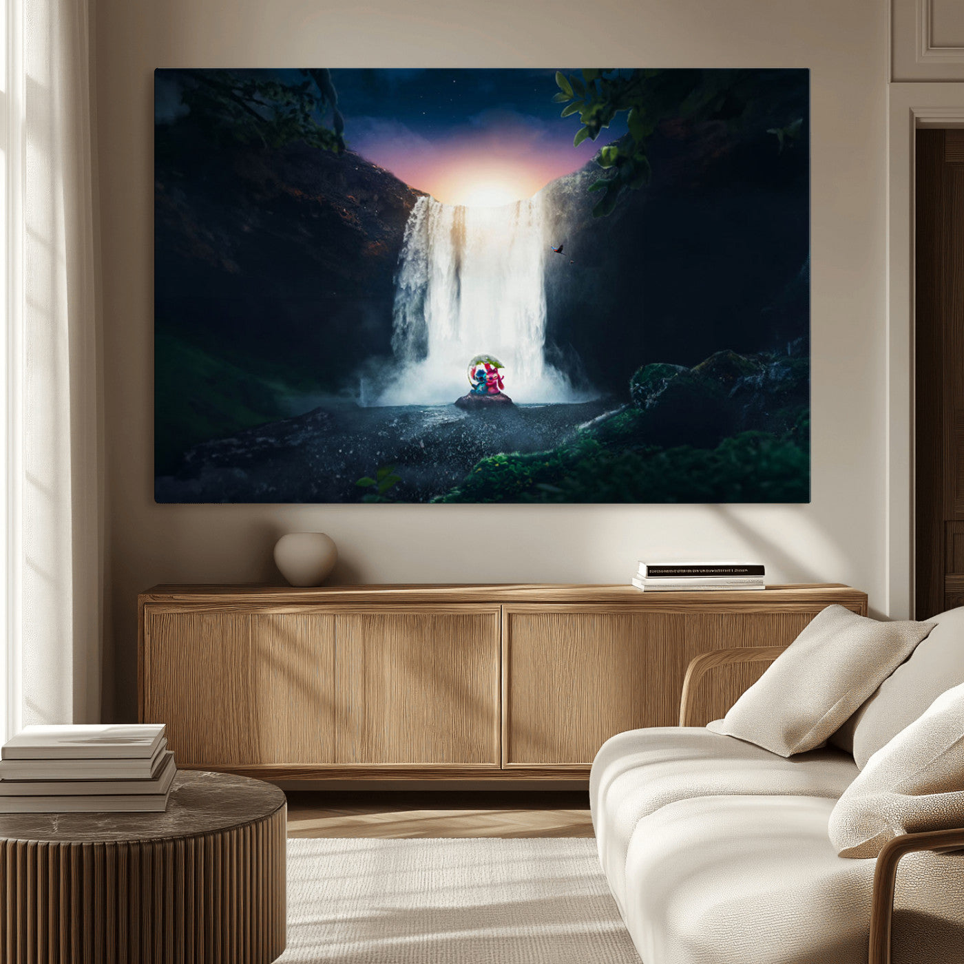 56359-MGV-CV-36X24-Lilo Stitch Wall Art Canvas Print, Framed Stitch Angel Art Picture Print, Cartoon Waterfall Perfect Tropical Fantasy Decor Artwork