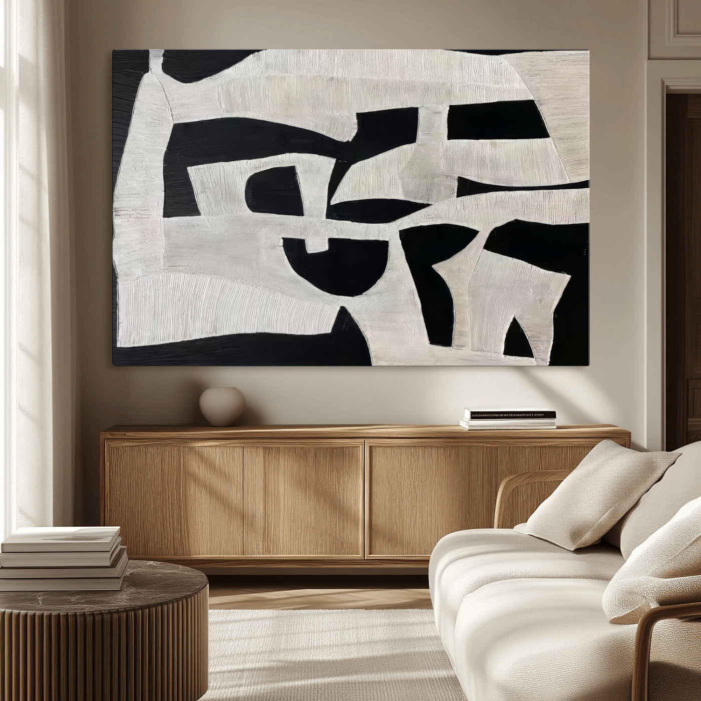 33714-MGV-CV-36X24-Monochrome Design Wall Art Canvas Print, Framed Modern Linework Art Picture Print, Textured Shapes Perfect Monochrome Modern Decor