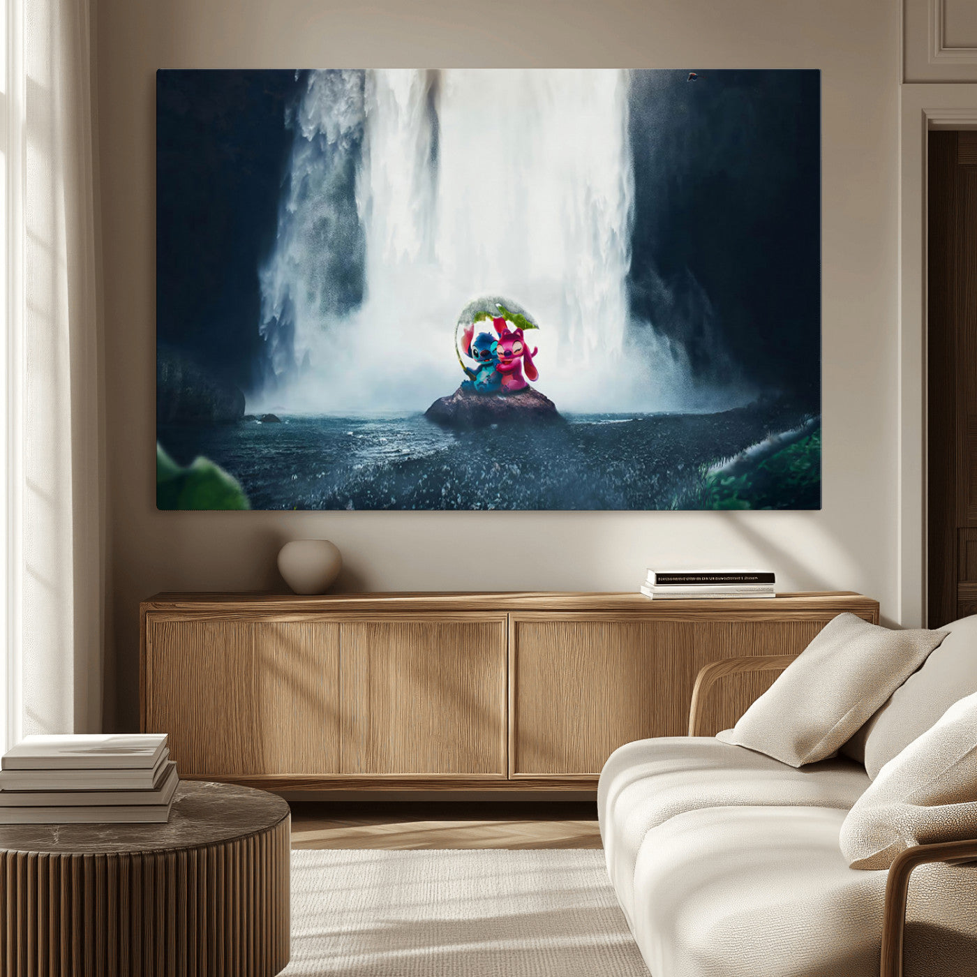 32259-MGV-CV-36X24-Stitch Angel Wall Art Canvas Print, Framed Stitch Waterfall Art Picture Print, Cartoon Couple Perfect Moody Fantasy Decor Artwork