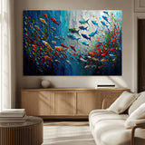 89626-MGV-CV-36X24-Fish Swarm Wall Art Canvas Print, Framed Abstract Ocean Art Picture Print, Underwater Life Perfect Vibrant Coastal Decor Artwork