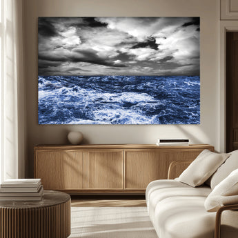 91043-MGV-CV-36X24-Stormy Ocean Wall Art Canvas Print, Framed Moody Seascape Art Picture Print, Monochrome Sea Perfect Coastal Drama Decor Artwork