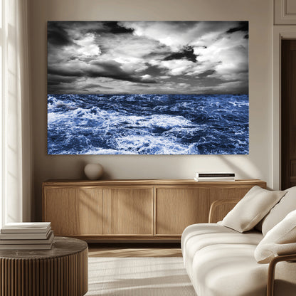91043-MGV-CV-36X24-Stormy Ocean Wall Art Canvas Print, Framed Moody Seascape Art Picture Print, Monochrome Sea Perfect Coastal Drama Decor Artwork