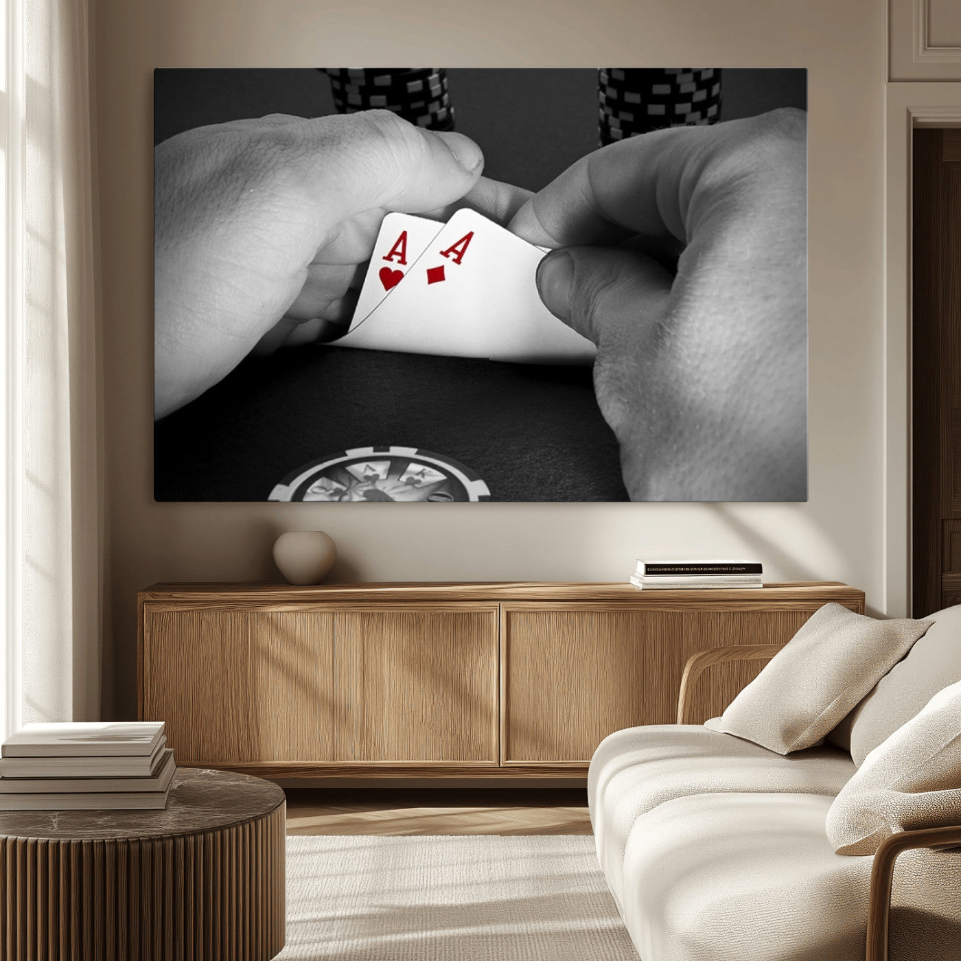 62460-MGV-CV-36X24-Poker Game Wall Art – Close Up of Hands Holding Aces with Chips, Casino Style Decor for Game Room, Man Cave or Office