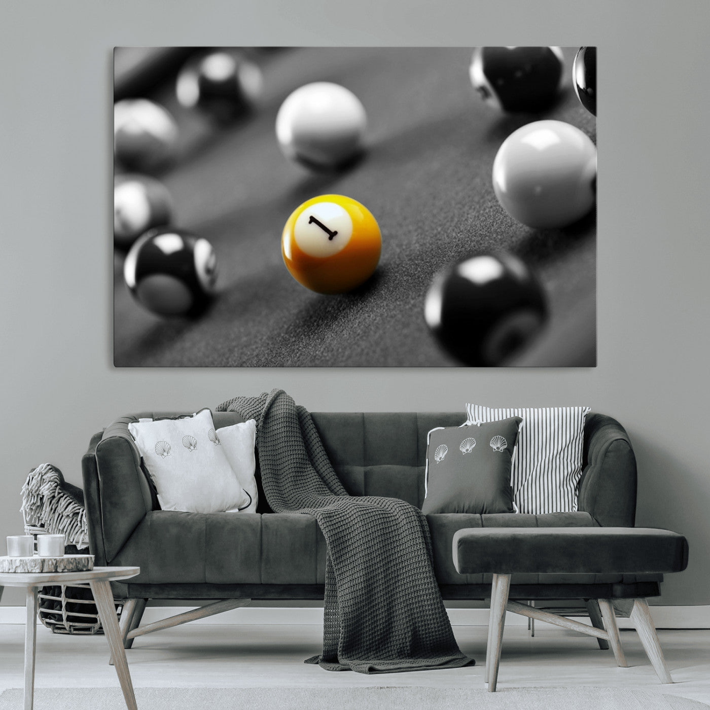 52108-MGV-CV-36X24-Precision Pool Table Wall Art – Close Up Yellow 1 Ball Canvas Print, Hand-Played Billiards Game Decor for Office, Game Room, or