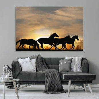 16620-MGV-CV-36X24-Sunset Stallions Wall Art – Silhouetted Horses Running Canvas Print, Nature’s Rhythm, Perfect for Living Room, Office, or Man Cave