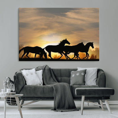 16620-MGV-CV-36X24-Sunset Stallions Wall Art – Silhouetted Horses Running Canvas Print, Nature’s Rhythm, Perfect for Living Room, Office, or Man Cave