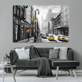32362-MGV-CV-36X24-NYC Street Wall Art – Black and White Cityscape with Yellow Taxis and Umbrella Canvas Print, Urban Home Decor for Living Room or