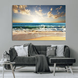 13139-MGV-CV-36X24-Sunrise Beach Wall Art – Ocean Waves and Golden Sand Canvas Print, Coastal Home Decor for Living Room, Bedroom, or Office