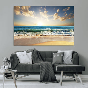 13139-MGV-CV-36X24-Sunrise Beach Wall Art – Ocean Waves and Golden Sand Canvas Print, Coastal Home Decor for Living Room, Bedroom, or Office