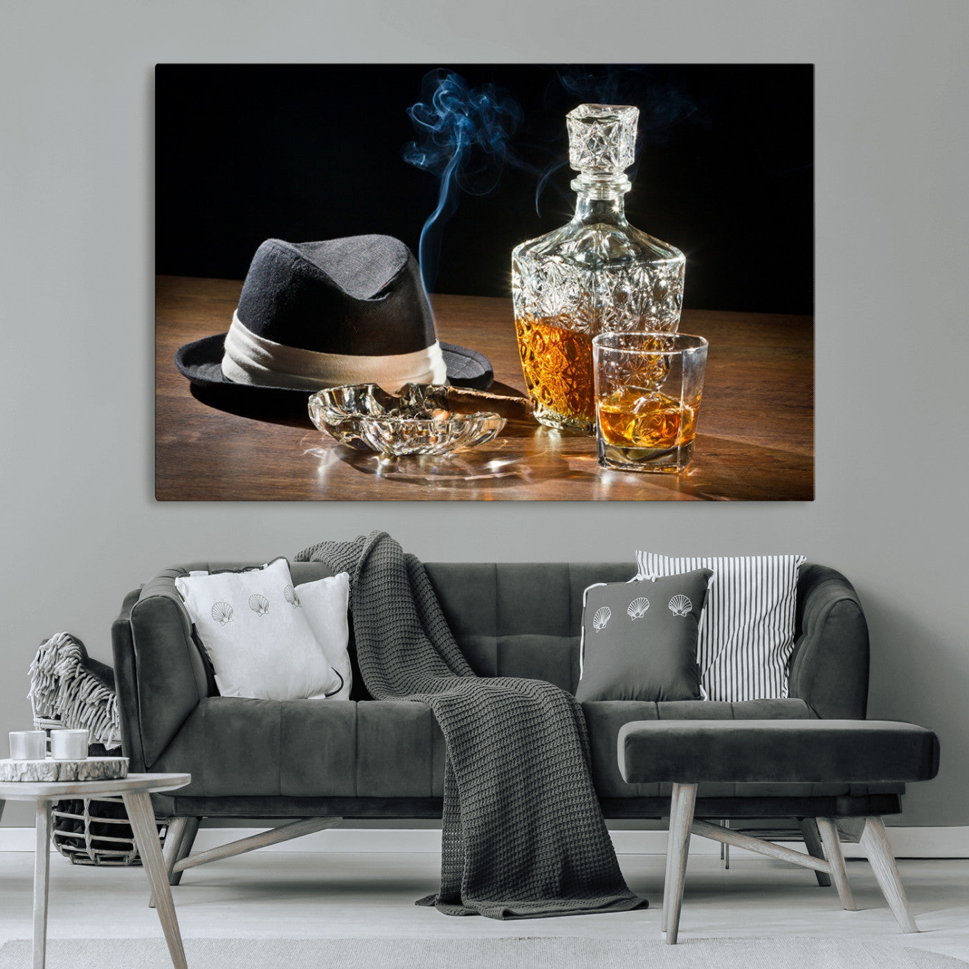 14629-MGV-CV-36X24-Vintage Whiskey Wall Art – Classic Fedora, Cigar, and Crystal Decanter Canvas Print, Rustic Bar Decor for Home, Office, or Man