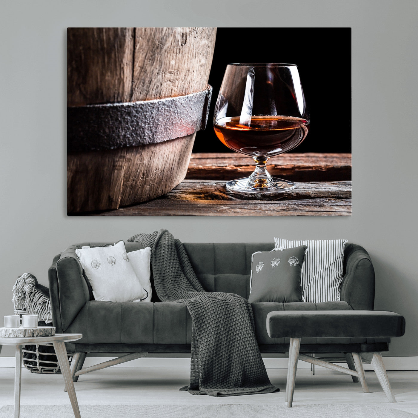 50839-MGV-CV-36X24-Barrel & Brandy Wall Art – Rustic Whiskey Barrel and Brandy Glass Canvas Print, Elegant Home Bar or Lounge Decor for Office, Man