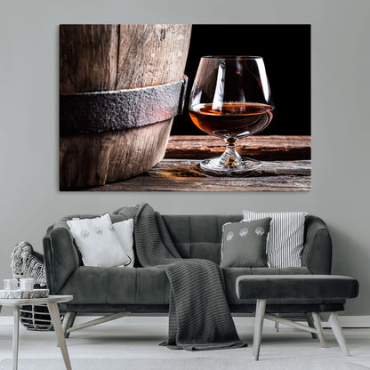 50839-MGV-CV-36X24-Barrel & Brandy Wall Art – Rustic Whiskey Barrel and Brandy Glass Canvas Print, Elegant Home Bar or Lounge Decor for Office, Man