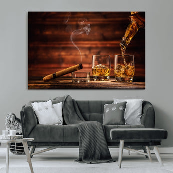 91042-MGV-CV-36X24-Whiskey & Cigar Wall Art – Elegant Whiskey Pour and Smoldering Cigar Canvas Print, Sophisticated Bar or Lounge Decor for Home,