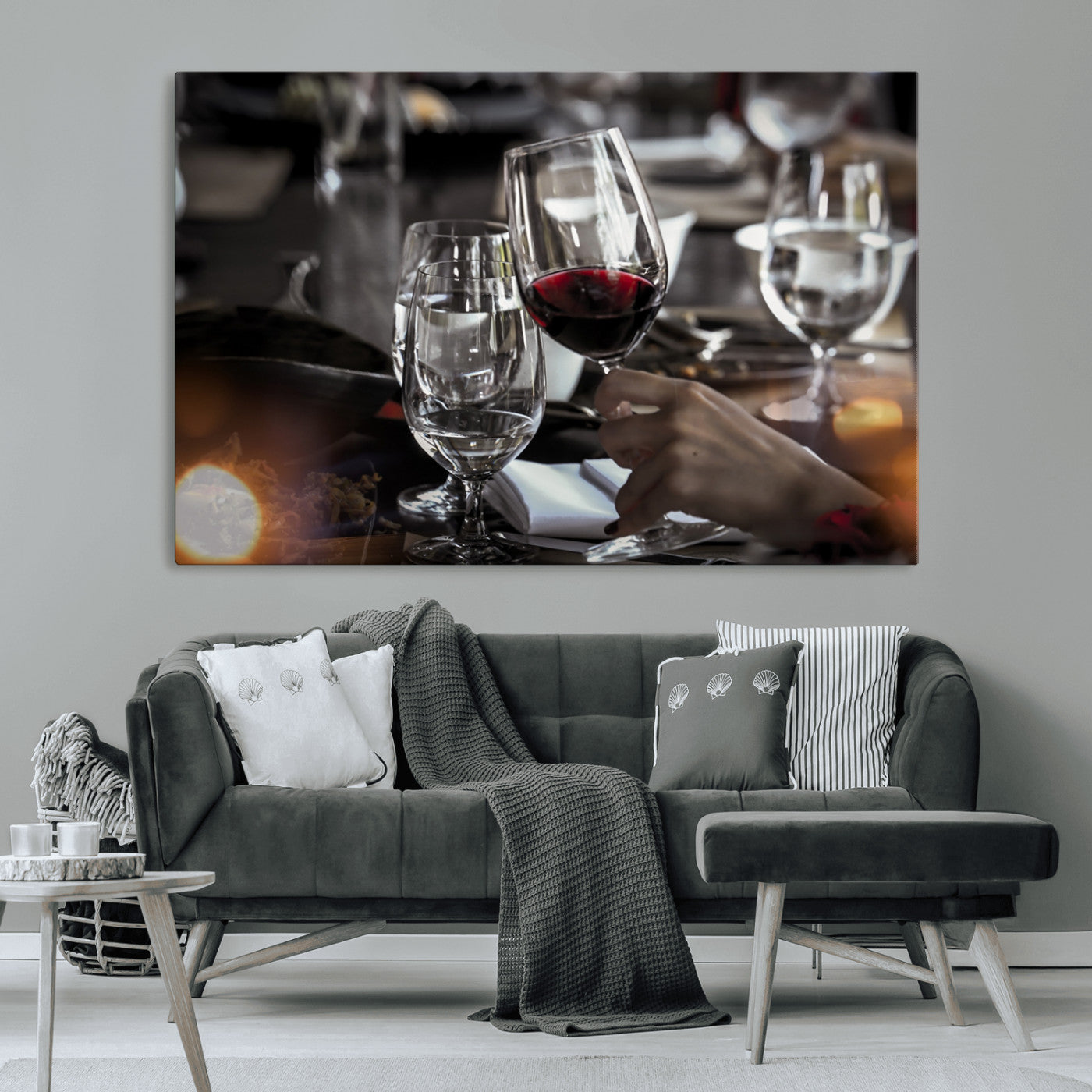 75513-MGV-CV-36X24-Elegant Wine Toast Wall Art – Close-Up Red Wine Glass at Dinner Table Canvas Print, Sophisticated Dining Room or Bar Decor