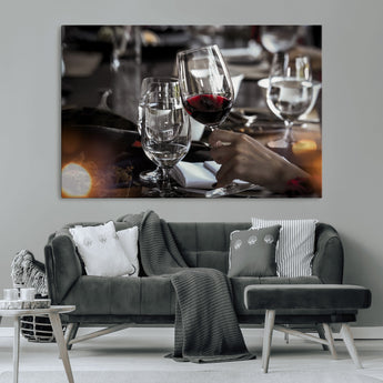 75513-MGV-CV-36X24-Elegant Wine Toast Wall Art – Close-Up Red Wine Glass at Dinner Table Canvas Print, Sophisticated Dining Room or Bar Decor