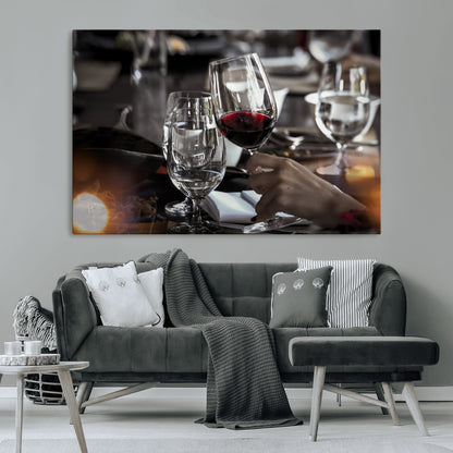 75513-MGV-CV-36X24-Elegant Wine Toast Wall Art – Close-Up Red Wine Glass at Dinner Table Canvas Print, Sophisticated Dining Room or Bar Decor