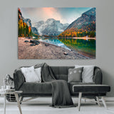 25982-MGV-CV-36X24-Autumn Mountain Lake Wall Art – Panoramic Fall Foliage and Snowy Peaks Canvas Print, Scenic Nature Decor for Living Room or Office