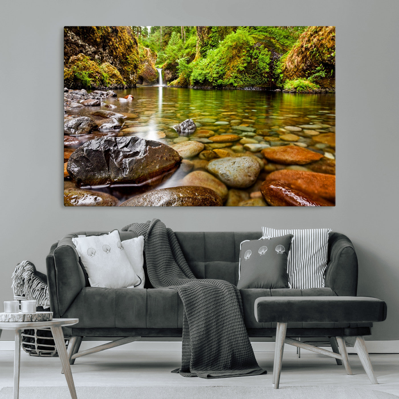 98096-MGV-CV-36X24-Serene River Waterfall Nature Photo – Calm Clear Water, Vibrant Green Forest and Smooth Stones Landscape Wall Art for Home or