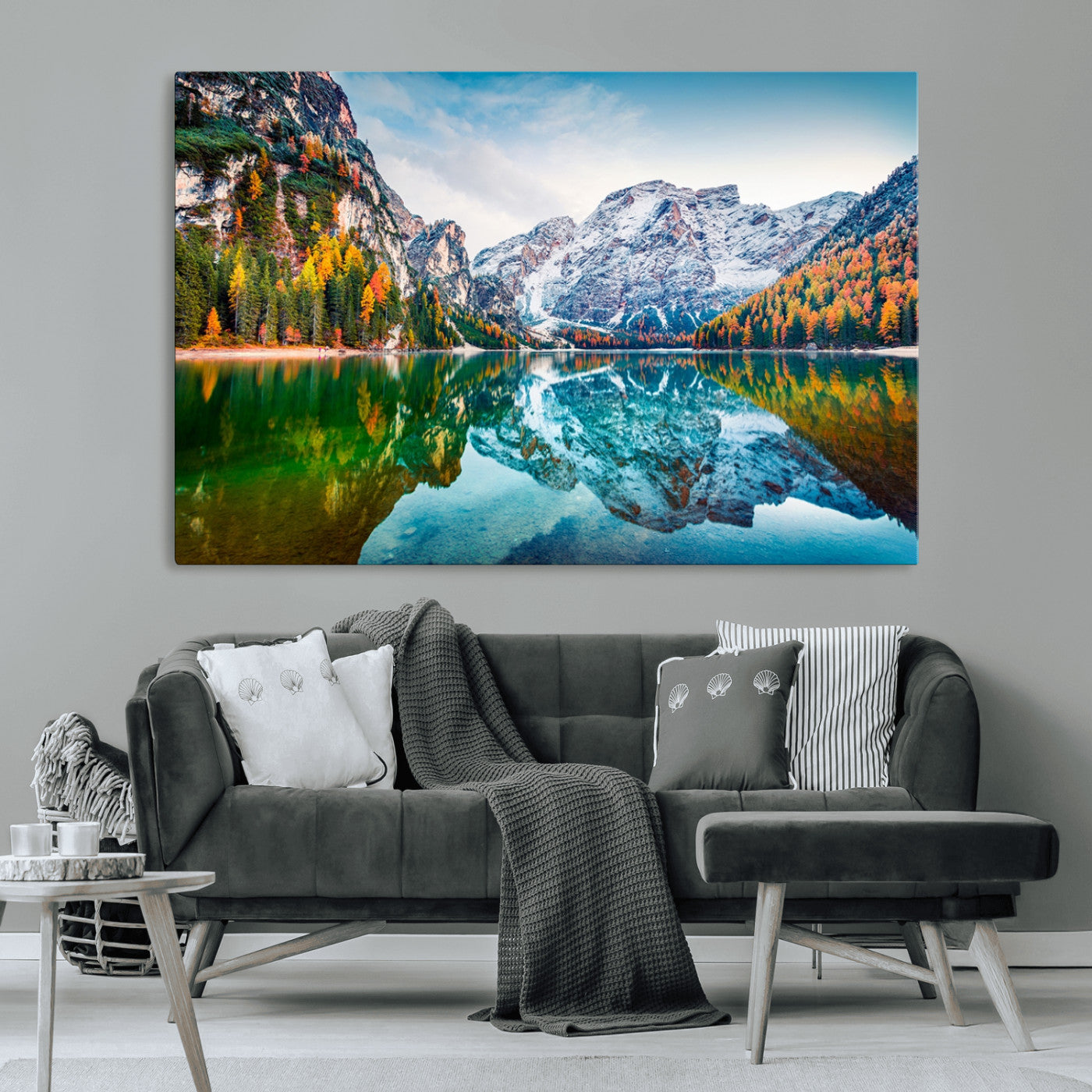 10402-MGV-CV-36X24-Snowy Mountain Lake Wall Art – Autumn Landscape Canvas Print with Reflection, Nature Decor for Living Room, Office, Bedroom or