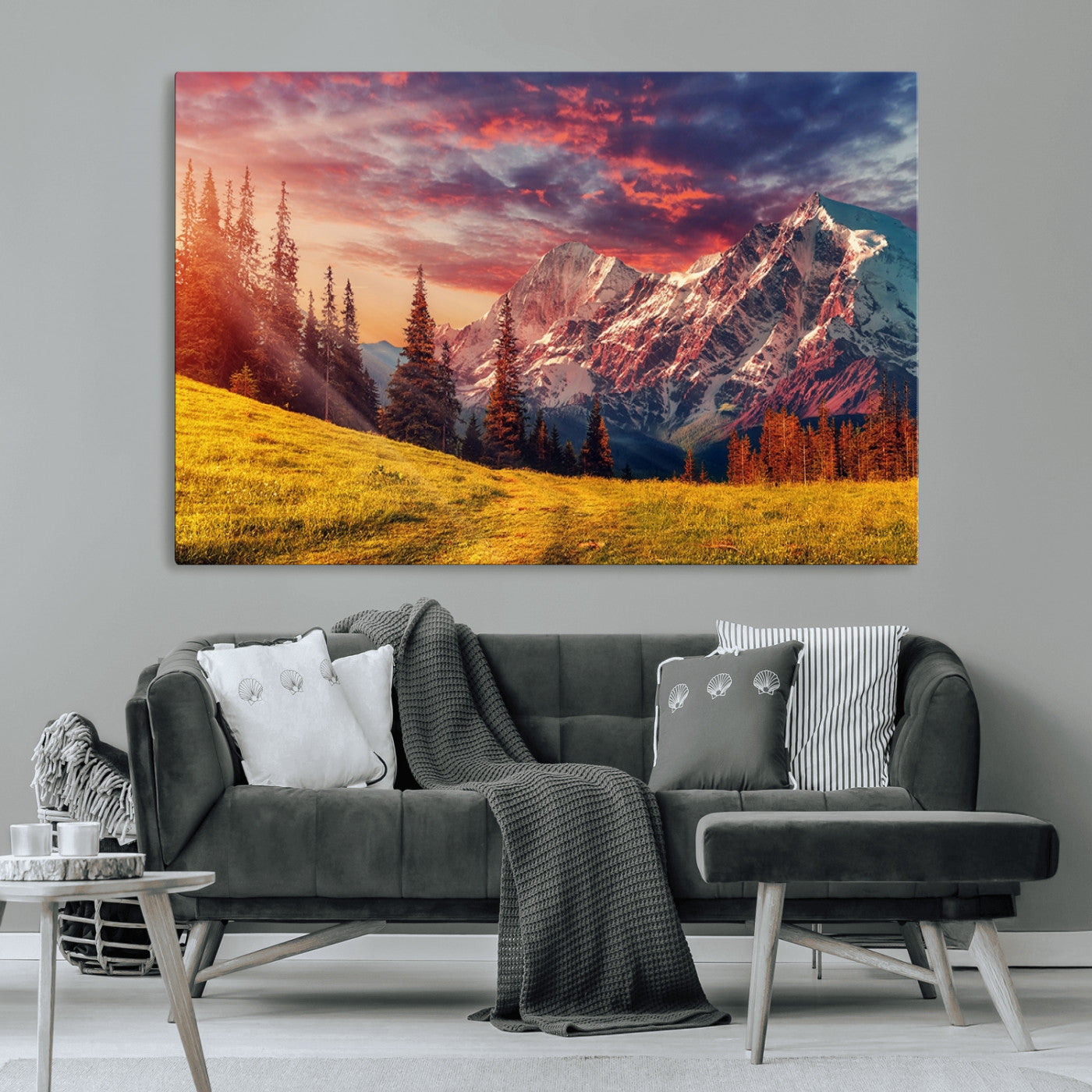 83947-MGV-CV-36X24-Sunset Mountain Landscape Wall Art – Panoramic Alpine Meadow and Snow Capped Peaks Canvas Print, Nature Scenic Decor for Home,