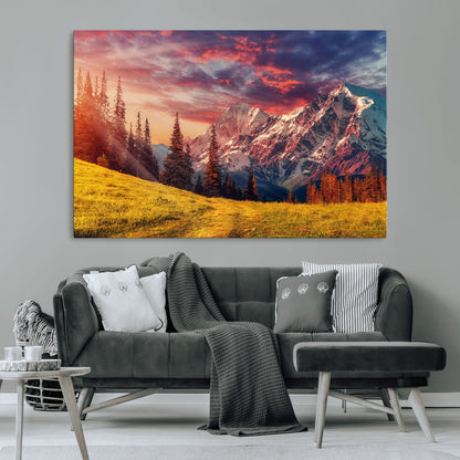 83947-MGV-CV-36X24-Sunset Mountain Landscape Wall Art – Panoramic Alpine Meadow and Snow Capped Peaks Canvas Print, Nature Scenic Decor for Home,