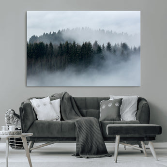 42596-MGV-CV-36X24-Misty Forest Wall Art – Atmospheric Pine Trees Canvas Print, Nature Landscape Decor for Living Room, Bedroom, Office, or Cabin