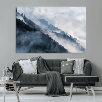 85737-MGV-CV-36X24-Misty Mountain Wall Art – Atmospheric Pine Forest Canvas Print with Fog and Mist, Calm Nature Decor for Living Room, Bedroom,