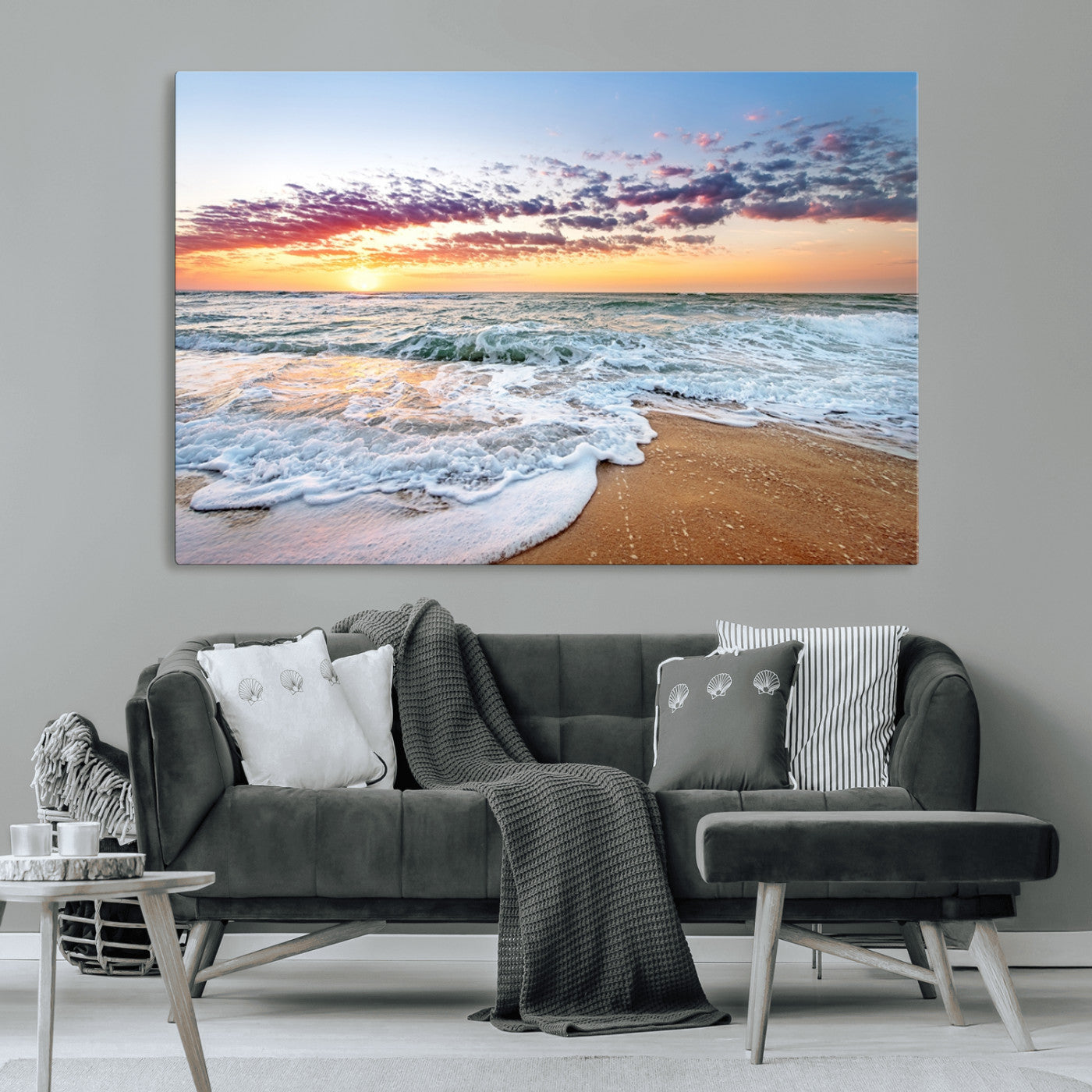 39560-MGV-CV-36X24-Sunrise Beach Wall Art – Vibrant Ocean Waves and Golden Sand Canvas Print, Seaside Coastal Decor for Living Room, Bedroom or