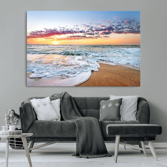 39560-MGV-CV-36X24-Sunrise Beach Wall Art – Vibrant Ocean Waves and Golden Sand Canvas Print, Seaside Coastal Decor for Living Room, Bedroom or