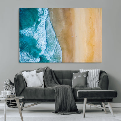 46640-MGV-CV-36X24-Aerial Beach Wall Art – Turquoise Waves and Golden Sand Canvas Print with Lone Surfer, Coastal Ocean Decor for Living Room,