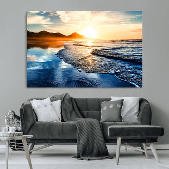 86173-MGV-CV-36X24-Golden Sunset Beach Wall Art – Reflective Ocean Canvas Print with Mountains and Waves, Coastal Nature Decor for Living Room,