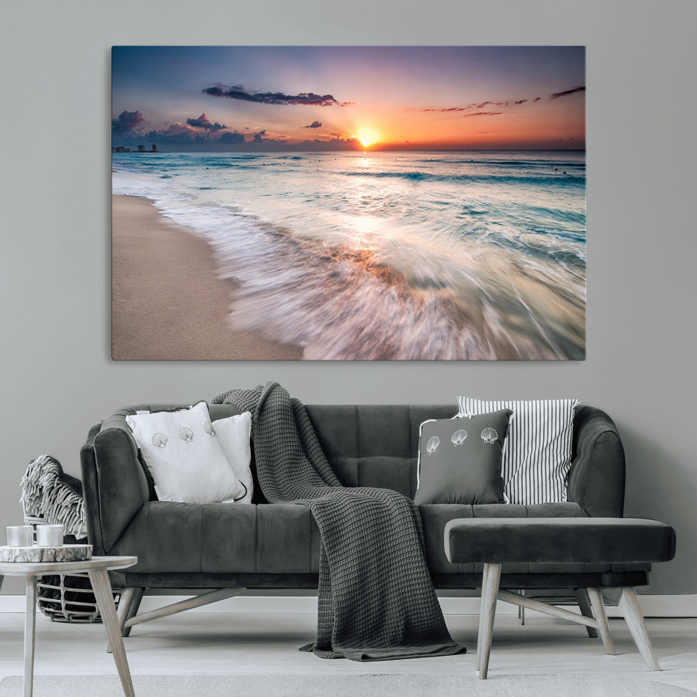 71849-MGV-CV-36X24-Sunrise Ocean Beach Wall Art – Serene Seascape Canvas Print with Gentle Waves, Coastal Nature Decor for Bedroom, Living Room or