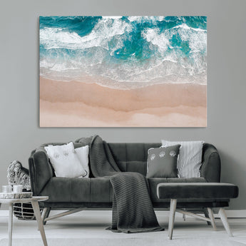 39236-MGV-CV-36X24-Ocean Beach Wall Art – Aerial View of Waves and Sand Canvas Print, Coastal Home Decor for Living Room, Bedroom, Office or Beach