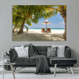 83601-MGV-CV-36X24-Tropical Beach Wall Art – Serene Palm Trees and Lounge Chairs Canvas Print, Relaxing Coastal Decor for Living Room, Bedroom or