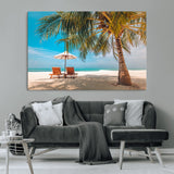69754-MGV-CV-36X24-Tropical Beach Wall Art – Relaxing Palm Tree and Lounge Chairs Canvas Print, Serene Coastal Decor for Living Room, Bedroom, Office