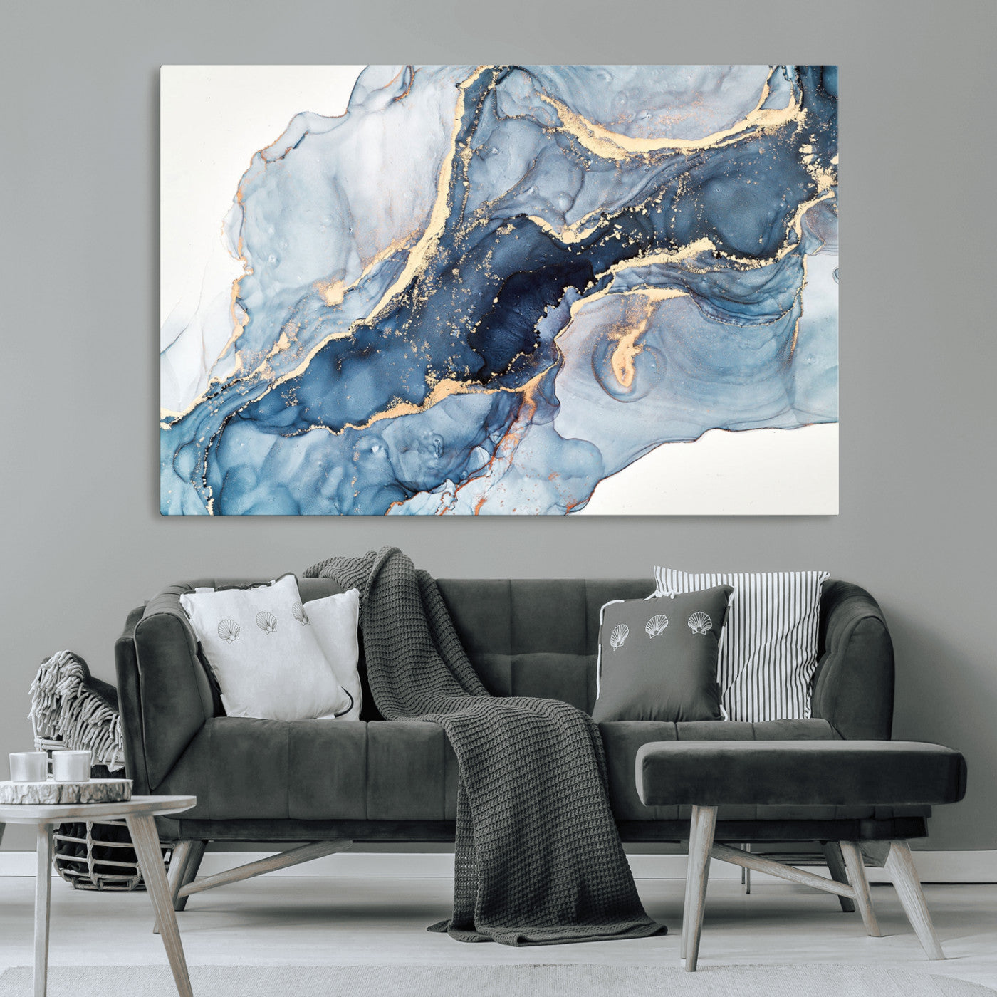33782-MGV-CV-36X24-Abstract Marble Wall Art – Blue & Gold Fluid Painting Canvas Print, Modern Home Decor for Living Room, Bedroom or Office