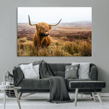 79391-MGV-CV-36X24-Majestic Highland Cow in Misty Scottish Moorland – Rustic Natural Charm, Perfect for Unique Home or Office Decor